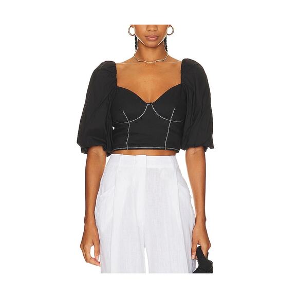 Jonathan Simkhai Standard 'Brene' Black Linen Puff Sleeve Bustier Top Size S - Picture 1 of 5